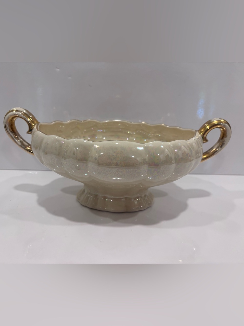 Vintage lustreware double handle bowl/planter gold trim pedestal foot